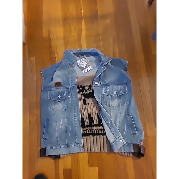 iASK Fashion Denim Vest Oversized Sleeveless Distressed Knit Back Deer Korean - Picture 7 of 14